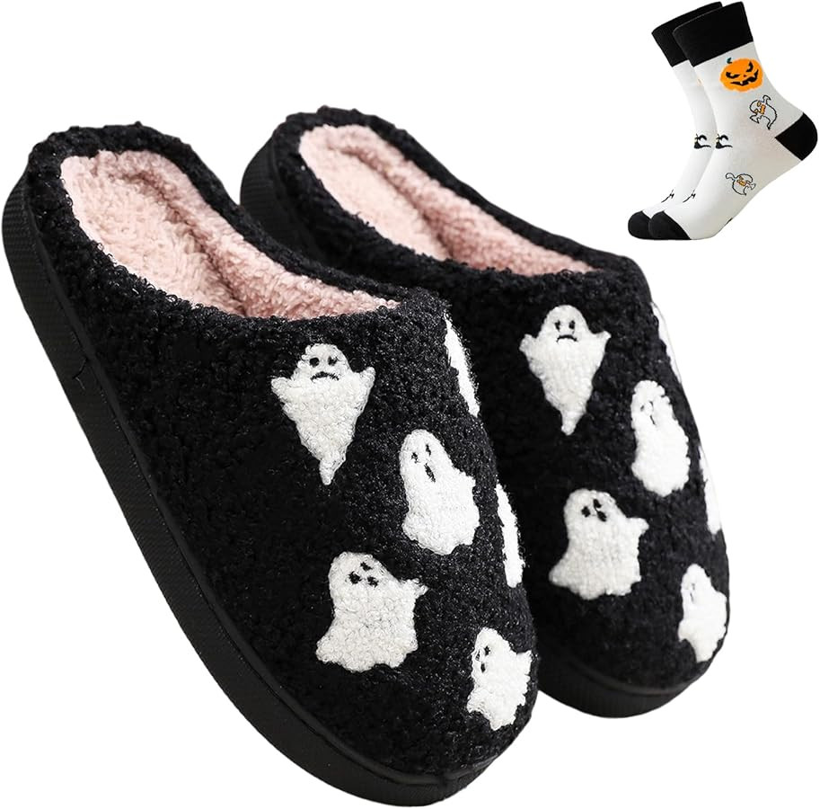 Halloween Slippers for Women, Pumpkin Slippers, Fall and Winter Slippers with Bats, Ghost Face, B... | Amazon (US)