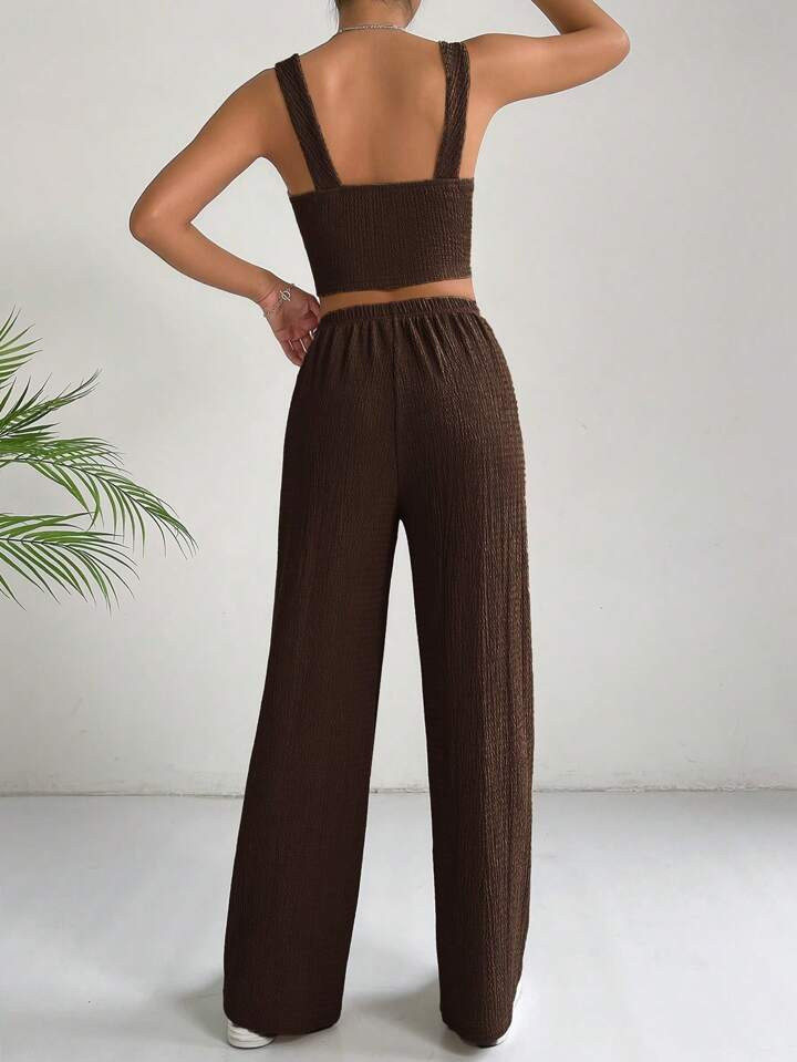 SHEIN EZwear Solid Crop Cami Top & Wide Leg Pants | SHEIN