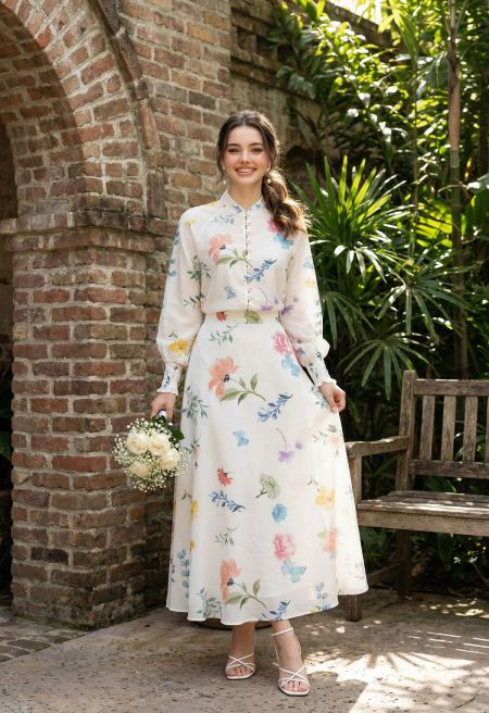 Vibrant Garden Organza Buttoned Top and Maxi Skirt Set in White for Garden Parties & Romantic Occ... | Chicwish