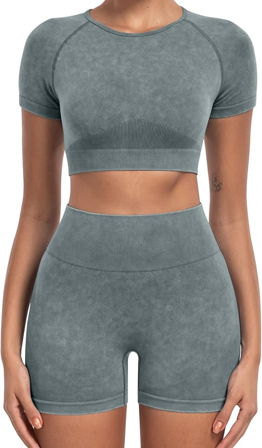 2 Piece Workou Short Sleevet Sets for Women,Seamless Summer Gym Tops High Waist Yoga Shorts Outfi... | Amazon (US)