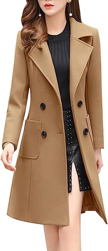 Chouyatou Women Elegant Notched Collar Double Breasted Wool Blend Over Coat | Amazon (US)