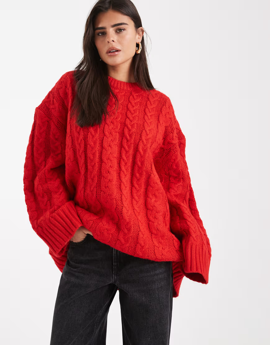 ASOS DESIGN oversized crew neck cable knit sweater in red | ASOS (Global)