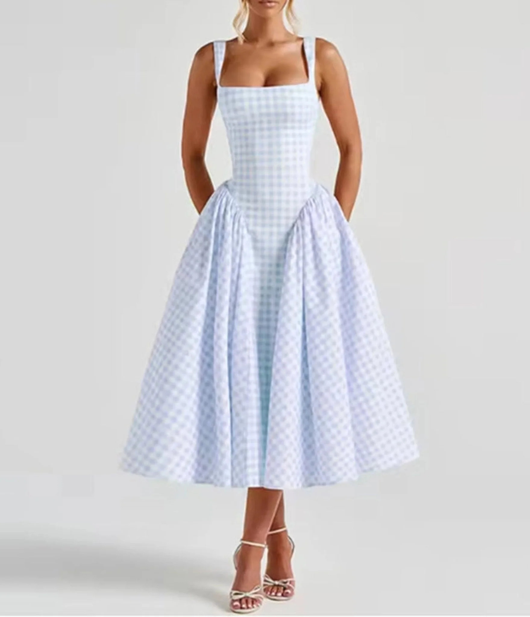 Light Blue Gingham Midi Dress | Unique Vintage - North America