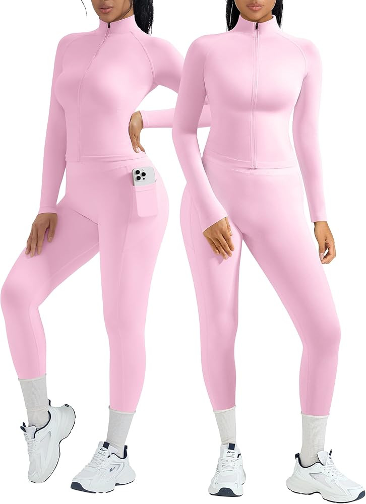 OMKAGI Workout Sets for Women Booty Leggings Matching Zipup Jacket Gym Outfits with Pockets | Amazon (US)