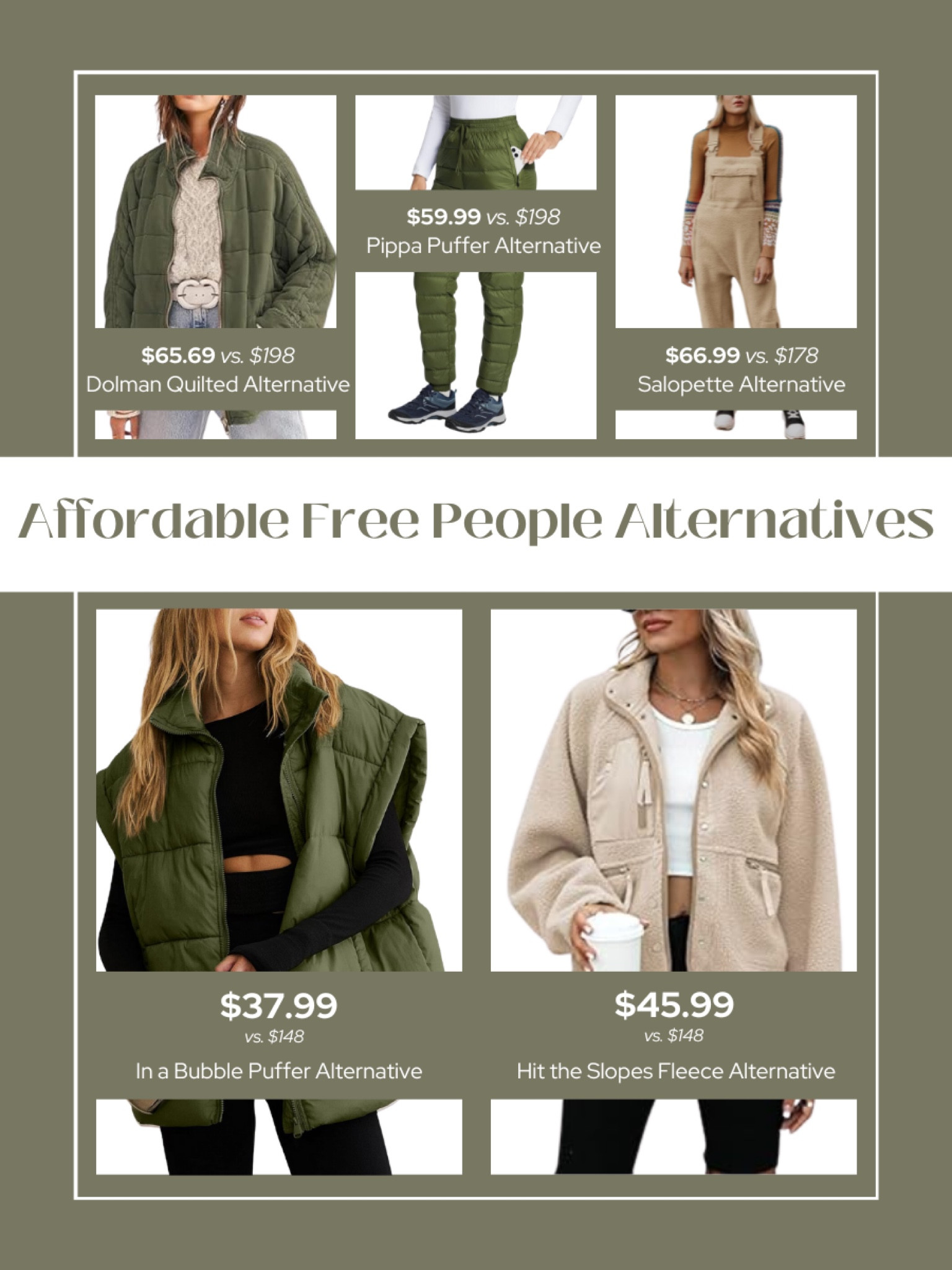 Affordable Free People Alternatives. Free People inspired looks. Puffer vest, fleece jacket, winter outfit, fleece overalls, quilted jacket.

#LTKfindsunder100 #LTKSeasonal #LTKfindsunder50