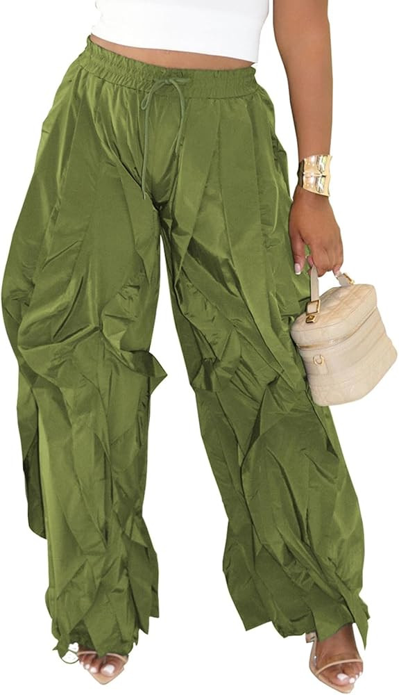 LETSVDO Women's Baggy Ruffle Fringe Pants Drawstring Elastic Waist Barrel Lantern Parachute Wide ... | Amazon (US)