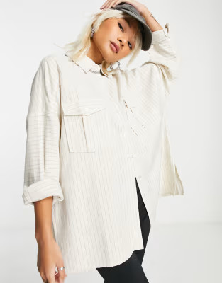 Topshop long sleeve casual stripe shirt in stone | ASOS (Global)