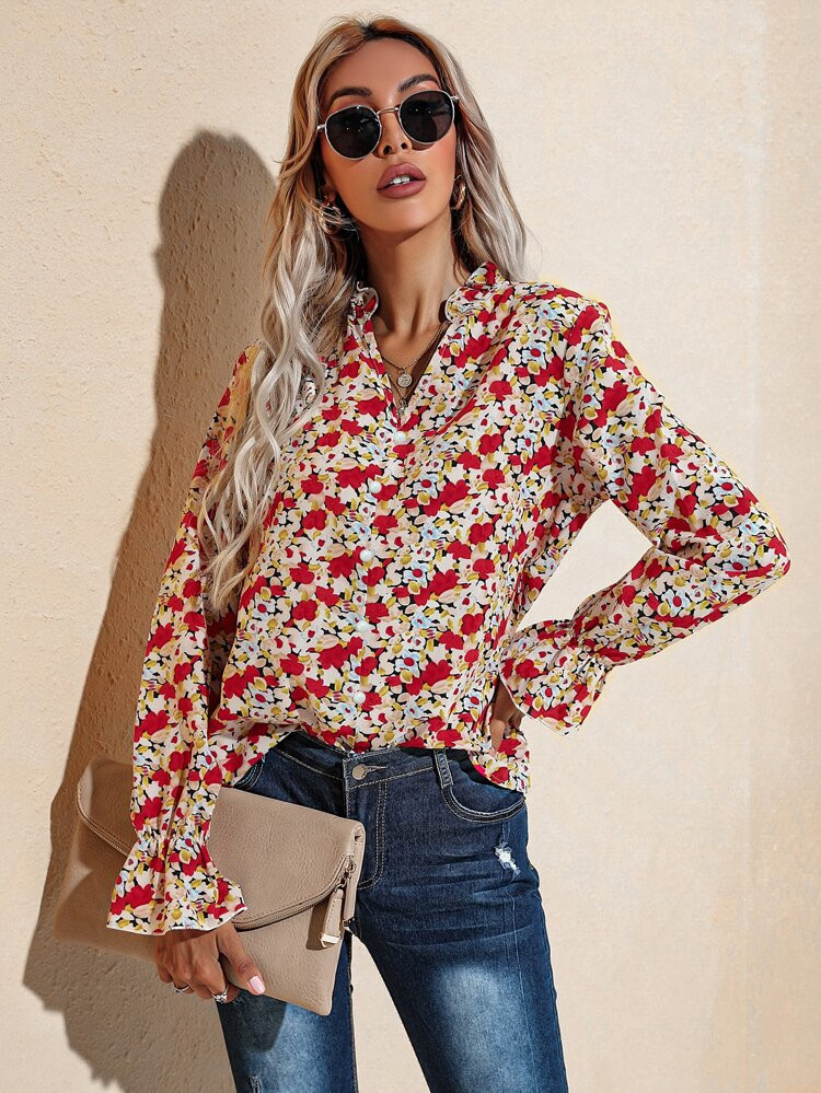 Allover Floral Flounce Sleeve Notch Neck Blouse | SHEIN