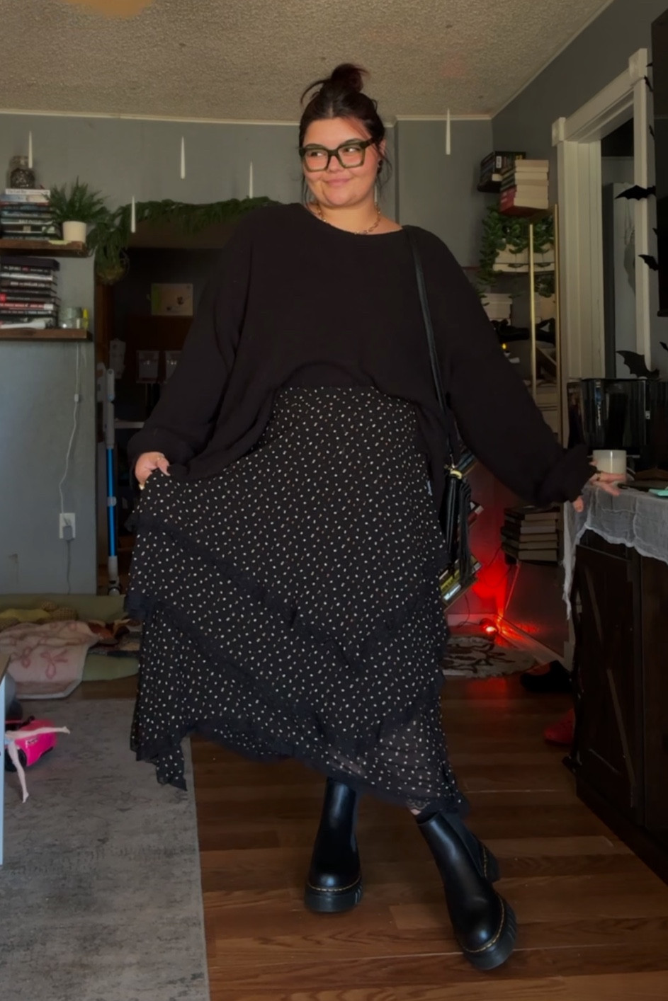 sweater is walmart a few years ago! 
I am wearing an XXL in the skirt as a size 16! my docs I have sized up. I am an 8 and wearing a 9! 

#LTKPlusSize #LTKMidsize #LTKHalloween