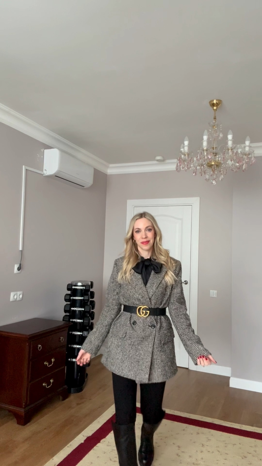 Work wear look of the day, office ootd, GRWM, Gucci belt, tweed blazer, black bow tie blouse, leggings with lug sole boots, style over 40

#LTKootd #LTKOver40 #LTKWorkwear