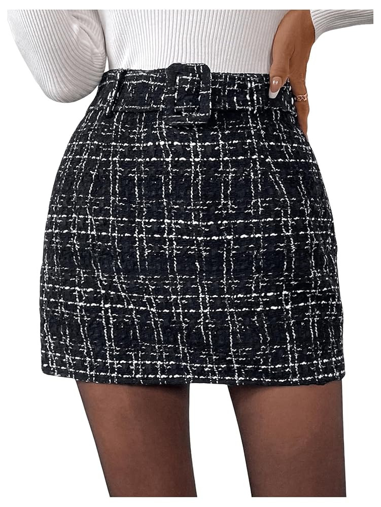 Milumia Women's Plaid High Waist Straight Skirt Tweed Belted Elegant Mini Skirts | Amazon (US)