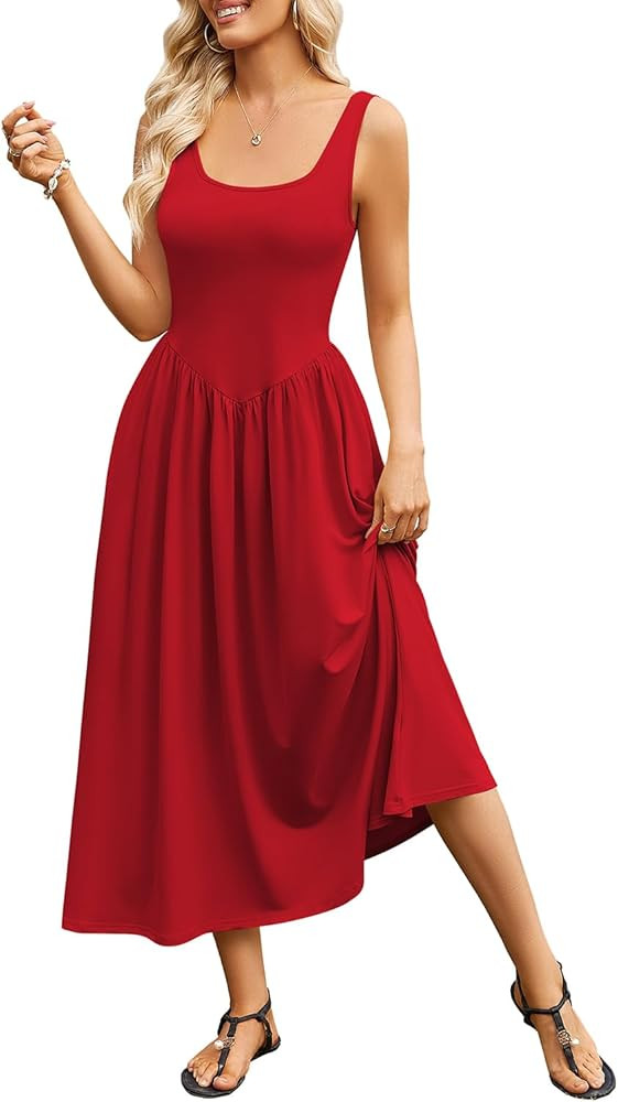 Naggoo Women's Summer Long Maxi Dress Casual Square Neck Sleeveless Tank Dresses Knit Pleated A L... | Amazon (US)