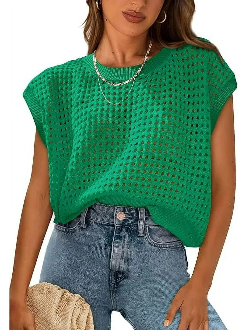 PRETTYGARDEN Womens Spring Tops Summer Shirts Crochet Cap Sleeve Sweater Pullover Cute Crew Neck ... | Walmart (US)