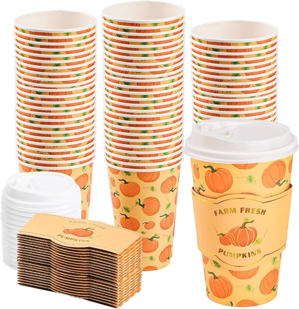 48 Pack 16 oz Fall Disposable Coffee Cups with Lids and Sleeves Autumn Pumpkin To Go Paper Coffee... | Amazon (US)
