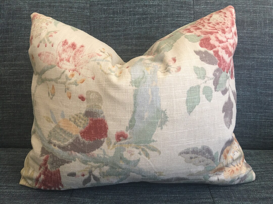 Beige, Blue, Green, Red and Yellow Floral Bird Pillow Cover / Arielle Woodland Designer Fabric / ... | Etsy (US)