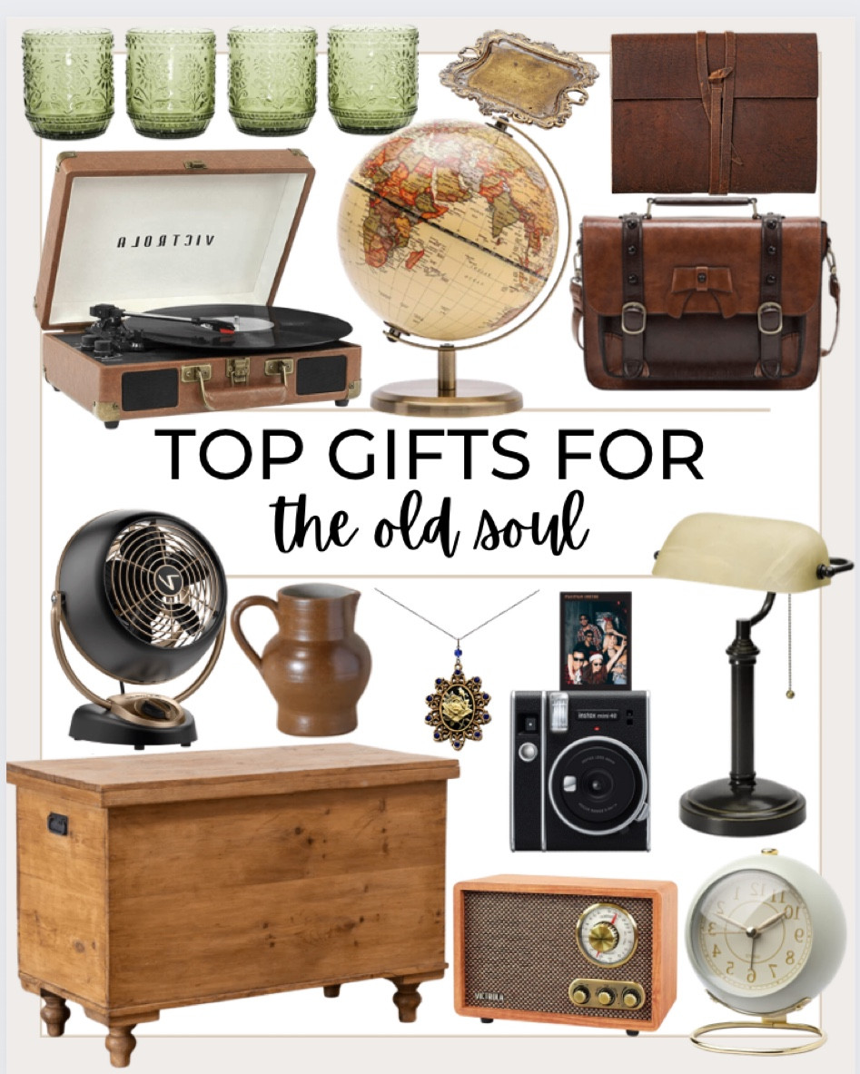 Vintage gift ideas for the old soul include vintage clock, vintage radio, lamp, instant mini camera, vintage necklace, ceramic pot, vintage fan, vintage trunk furniture, vintage cross body bag, journal, globe decor, Victrola Vintage 3-Speed Bluetooth Portable Suitcase Record Player, jewelry tray, and vintage looking glasses.

Vintage presents, Christmas presents, gifts for him, gifts for him, Christmas gifts, gift guide, old soul

#LTKmens #LTKhome #LTKGiftGuide