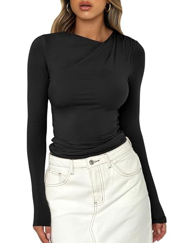 ANRABESS Womens Double Lined Long Sleeve Shirts Ruched Neck Tops Slim Fit Crop Tshirts Fall Tight Going Out Outfits Black Medium | Amazon (US)