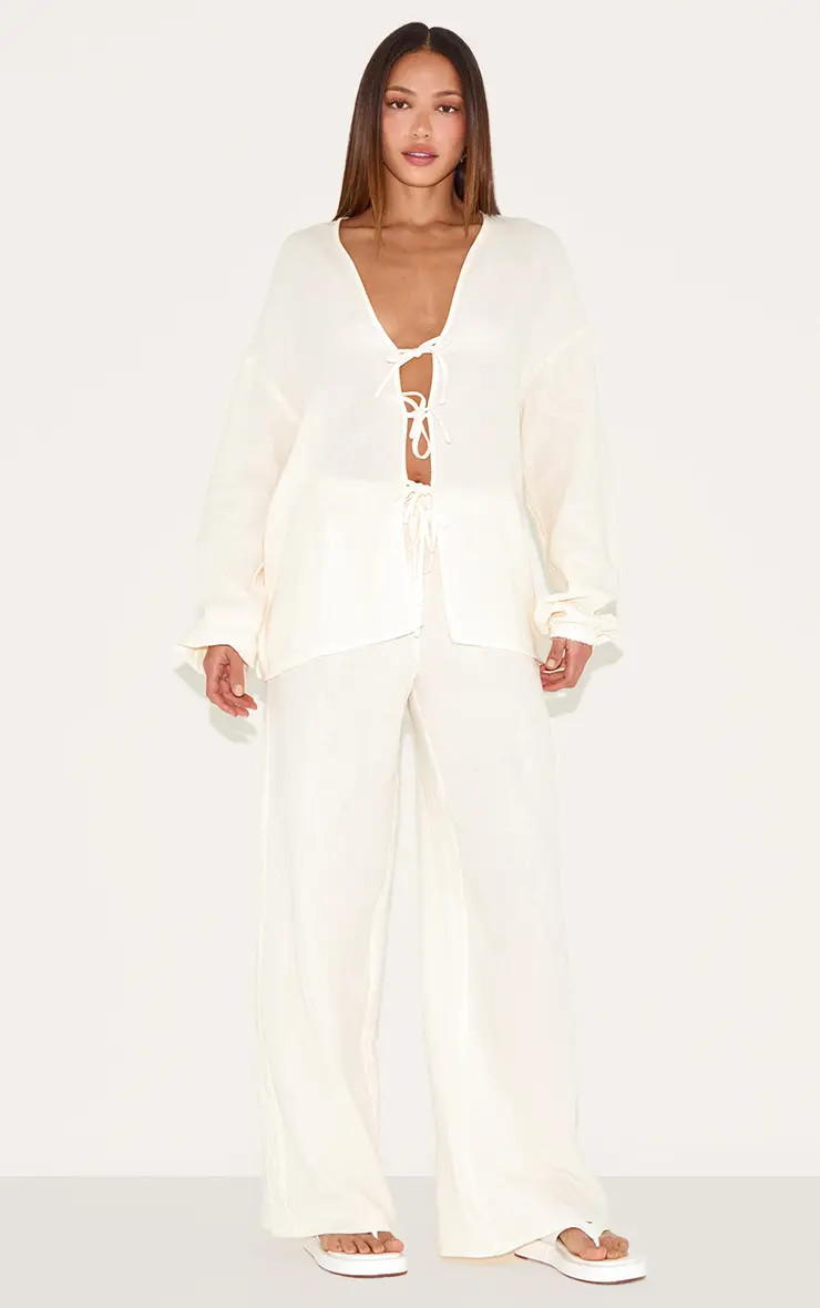 Tall Cream Textured Cheesecloth Wide Leg Trousers | PrettyLittleThing US