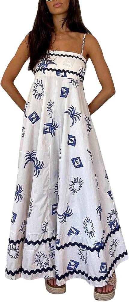 Women Graffiti Print Maxi Cami Dress Boho Colorful Spaghetti Strap Dress Summer Flowy Aline Sundr... | Amazon (US)
