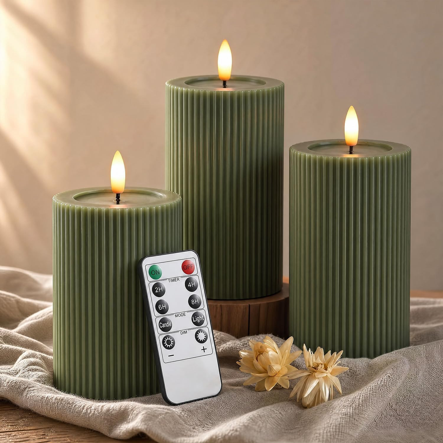 Ribbed Fluted Real Wax Flameless LED Pillar Candles, Loden Sage Olive Green, Melted-Wax Top Look, Flickering Flame, Battery Operated, Remote & Timer, Shelf & Wedding Decor (Set of 3) | Amazon (US)