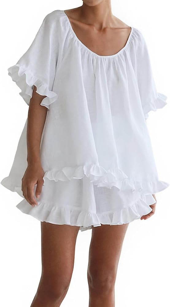 Womens 2 Piece Short Set Fashion Summer Short Sleeve Ruffle Trim Top and Shorts Cotton Pajama Set... | Amazon (US)