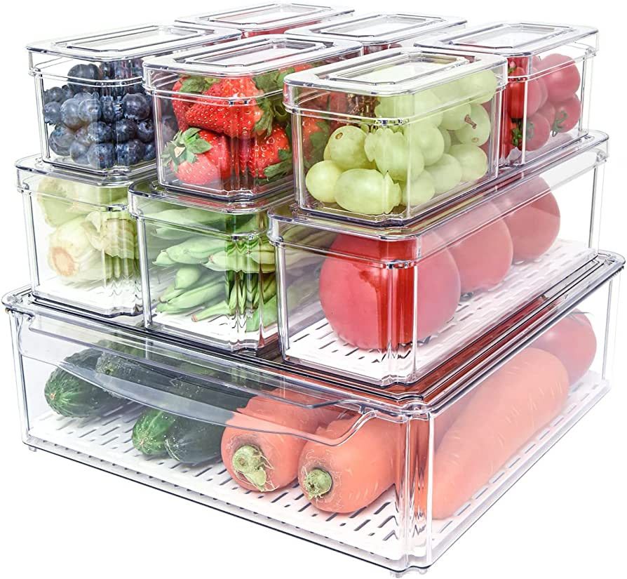 Pomeat 10 Pack Fridge Organizer, Stackable Refrigerator Organizer Bins with Lids, BPA-Free Produc... | Amazon (US)