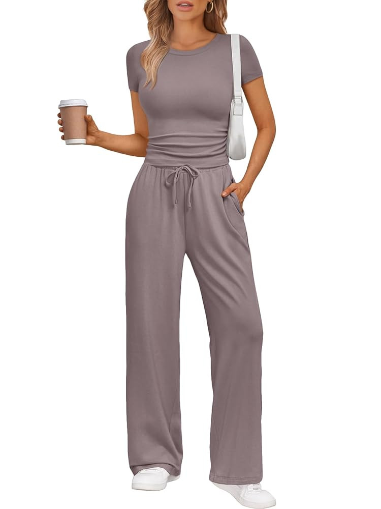 Trendy Queen 2 Piece Matching Summer Sweatsuit Lounge Set Womens Wide Leg Pants Side Ruching Crop... | Amazon (US)