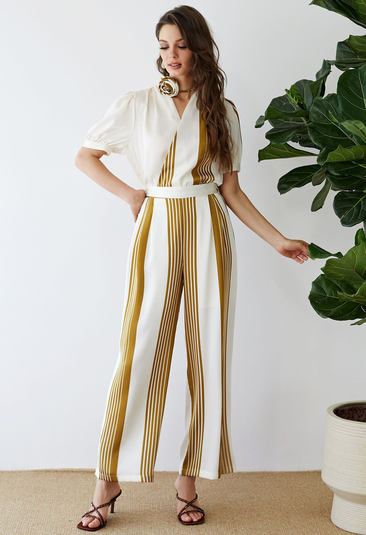Contrast Stripe Flower Choker Wrap Top in Mustard | Chicwish