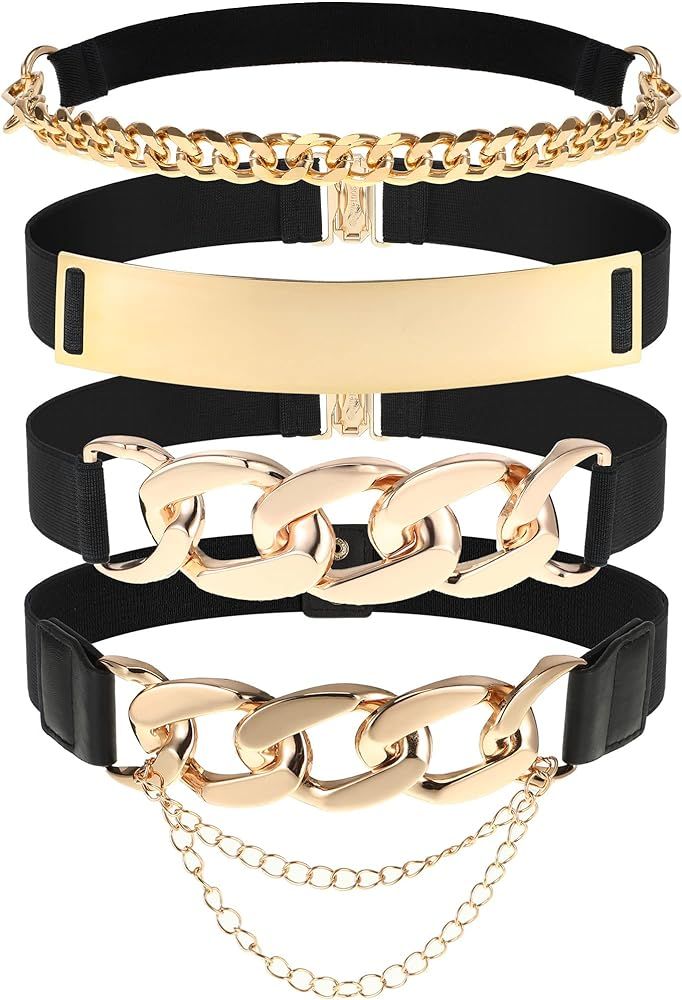 Zhanmai 4 Pieces Belts for Women Metal Gold Stretch Waist Belt Skinny Wide Chain Belt Elastic Bel... | Amazon (US)