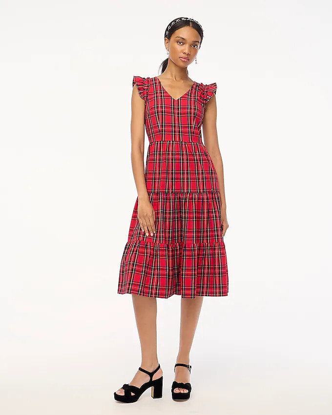 Tartan flutter-sleeve midi dress | J.Crew Factory
