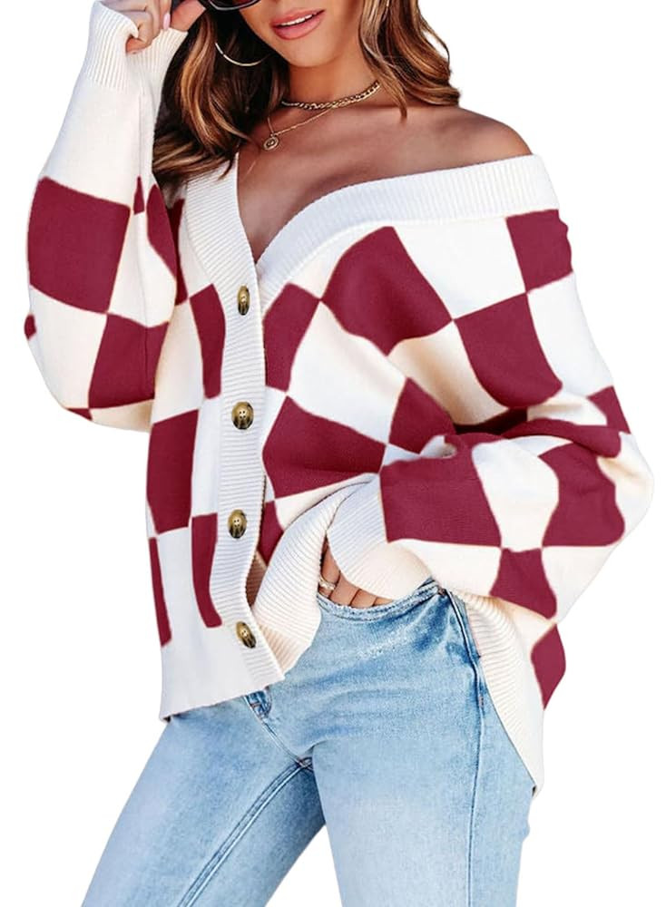 Dokotoo Womens Plaid V Neck Button Down Long Sleeve Cable Knit Oversized Cardigan Sweaters Tops | Amazon (US)