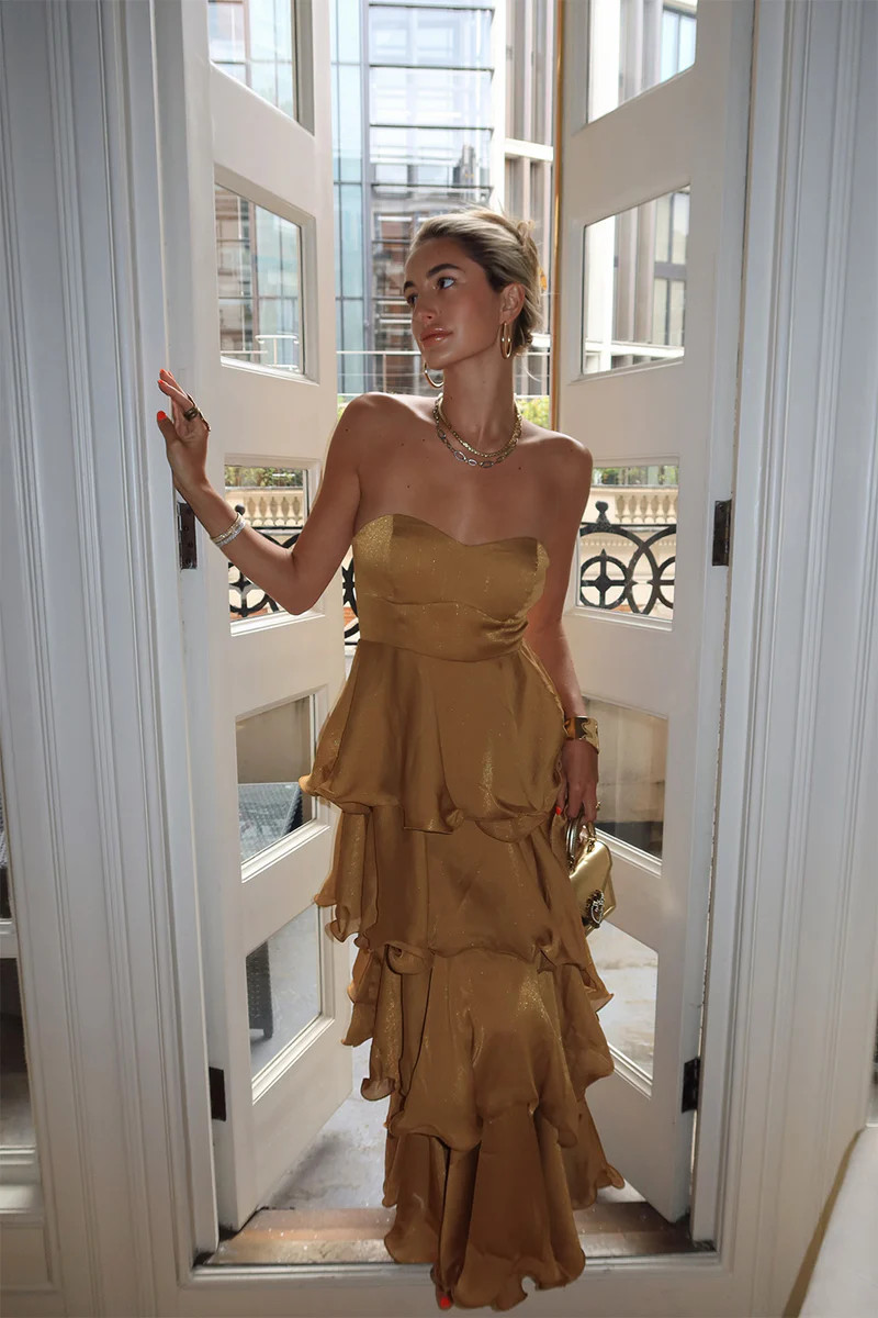 Selene Gold Ruffle Maxi Dress | 12th Tribe