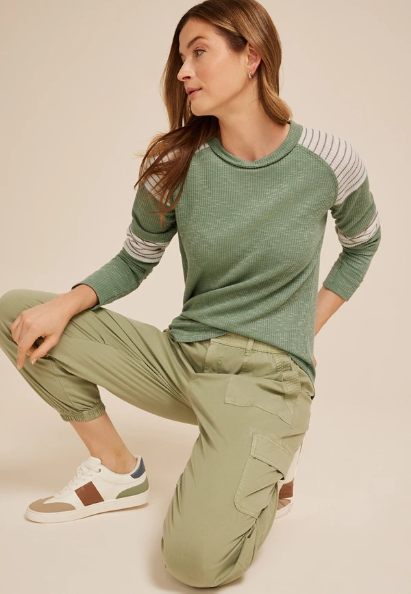Ribbed Striped Colorblock Long Sleeve Tee | Maurices