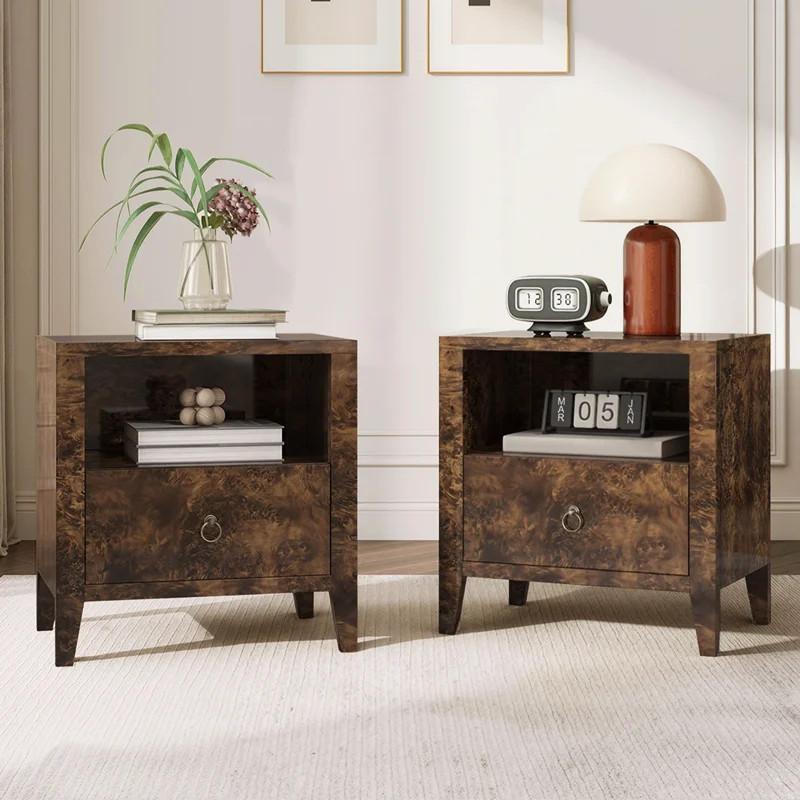 Dorne Modern High Gloss Burl 2-drawer Nightstand, Brown (Set of 2) | Wayfair North America