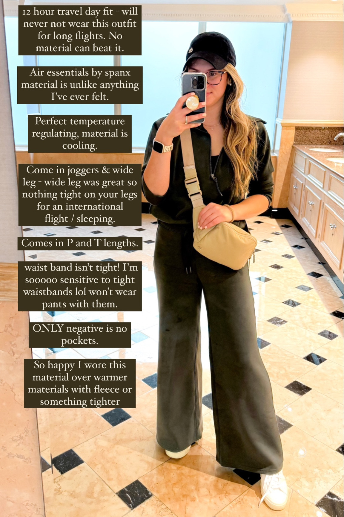 Spanx air essentials travel outfit - travel OOTD perfect for long international flights. Wearing size small in both. ANNADANIXSPANX for 15% off 

Lululemon belt bag large tan color matches everything international travel outfit comfy wide leg pants quarter zip 

#LTKeurope #LTKstyletip #LTKtravel