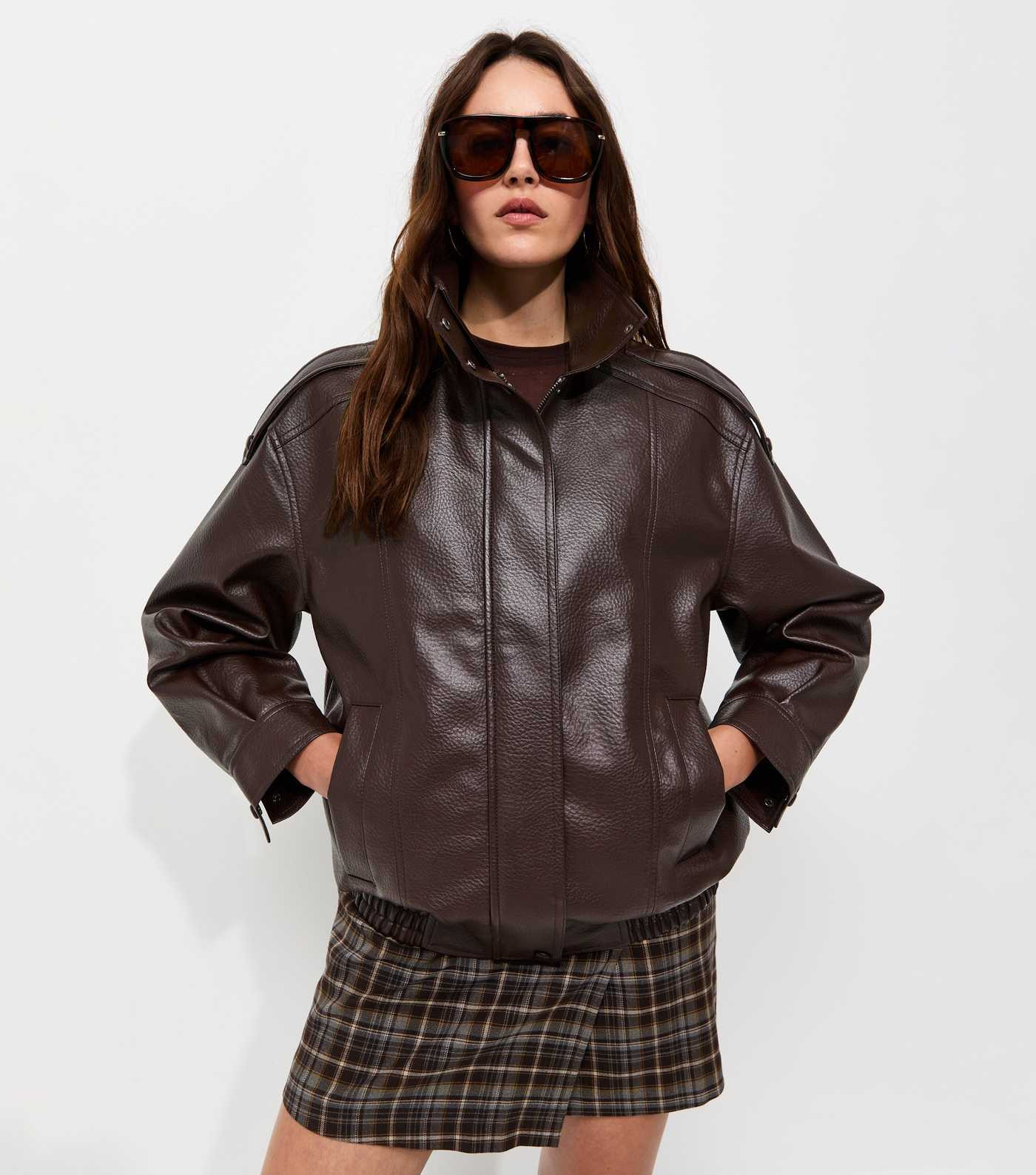 Dark Brown Faux Leather Funnel Neck Oversized Jacket | New Look | New Look (UK)
