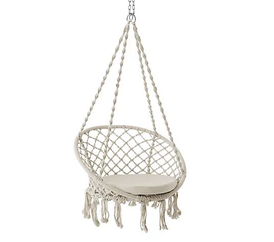 Bliss Hammocks Macrame Hanging Cotton Rope Swing Chair with Fringe | QVC
