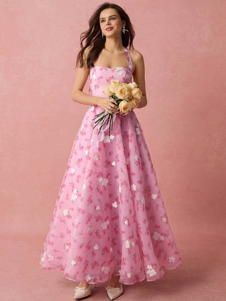 Enchnt Spring/Summer Romantic Women's Pink Floral Embroidery&Little Rose Print Halter Neck Organza Princess Maxi Dress,Sweet&Elegant For Valentine Day&Birthday&Holiday Party &Sweet Date Night&Prom&Wedding&Garden Parties&Banquet&Vacation | SHEIN