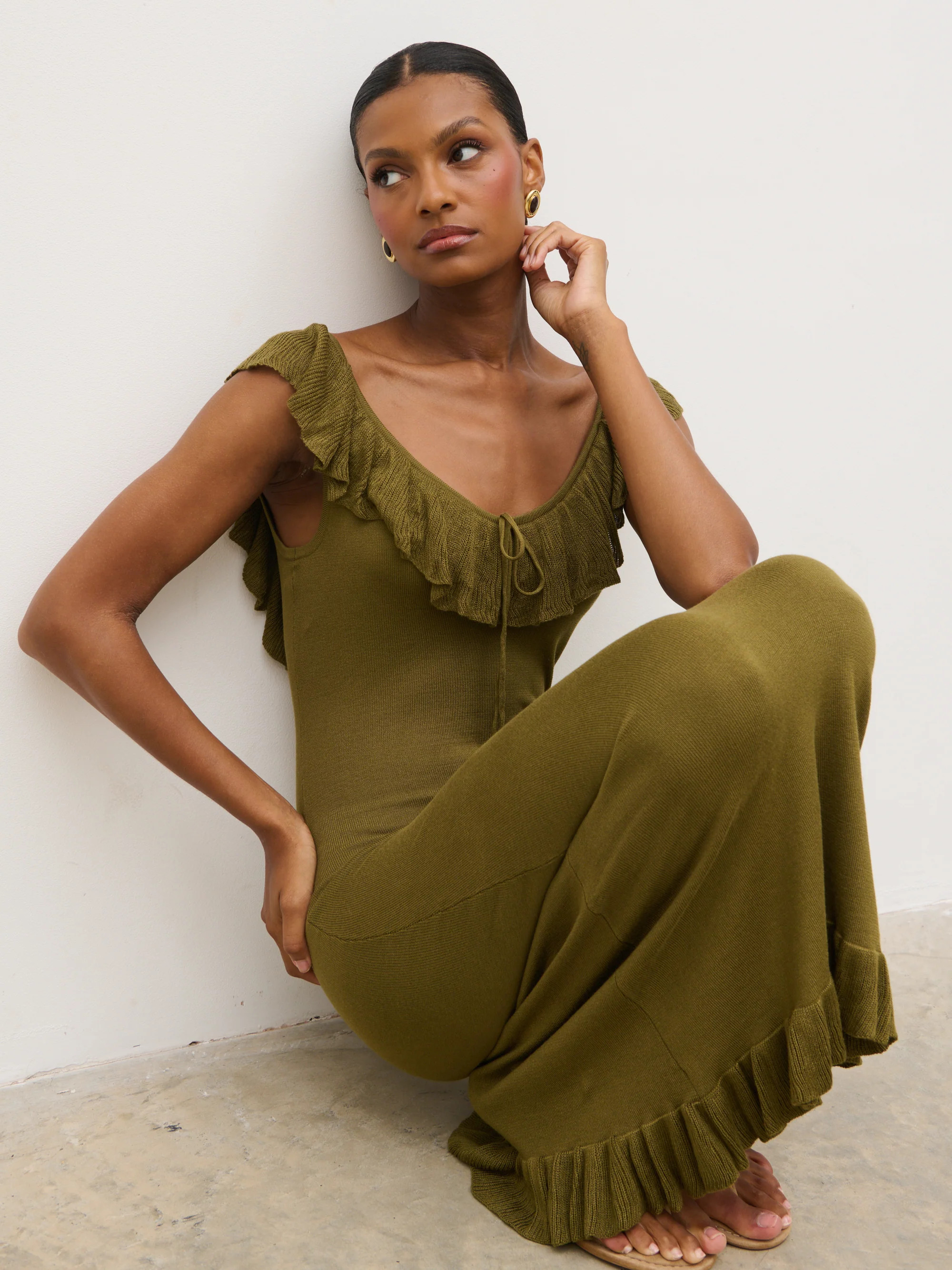 Sascha Frill Detail Knit Midaxi Dress - Tarragon Green | Pretty Lavish (UK)