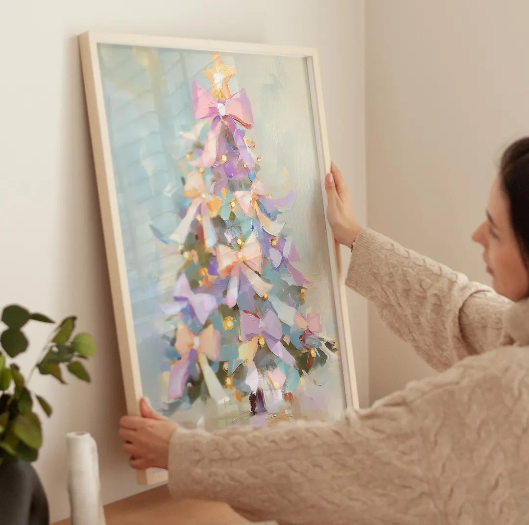 Coquette Christmas Tree Art, Bows Winter Painting, Christmas Art Print, Pine Tree Print, Tree Bow... | Etsy (US)