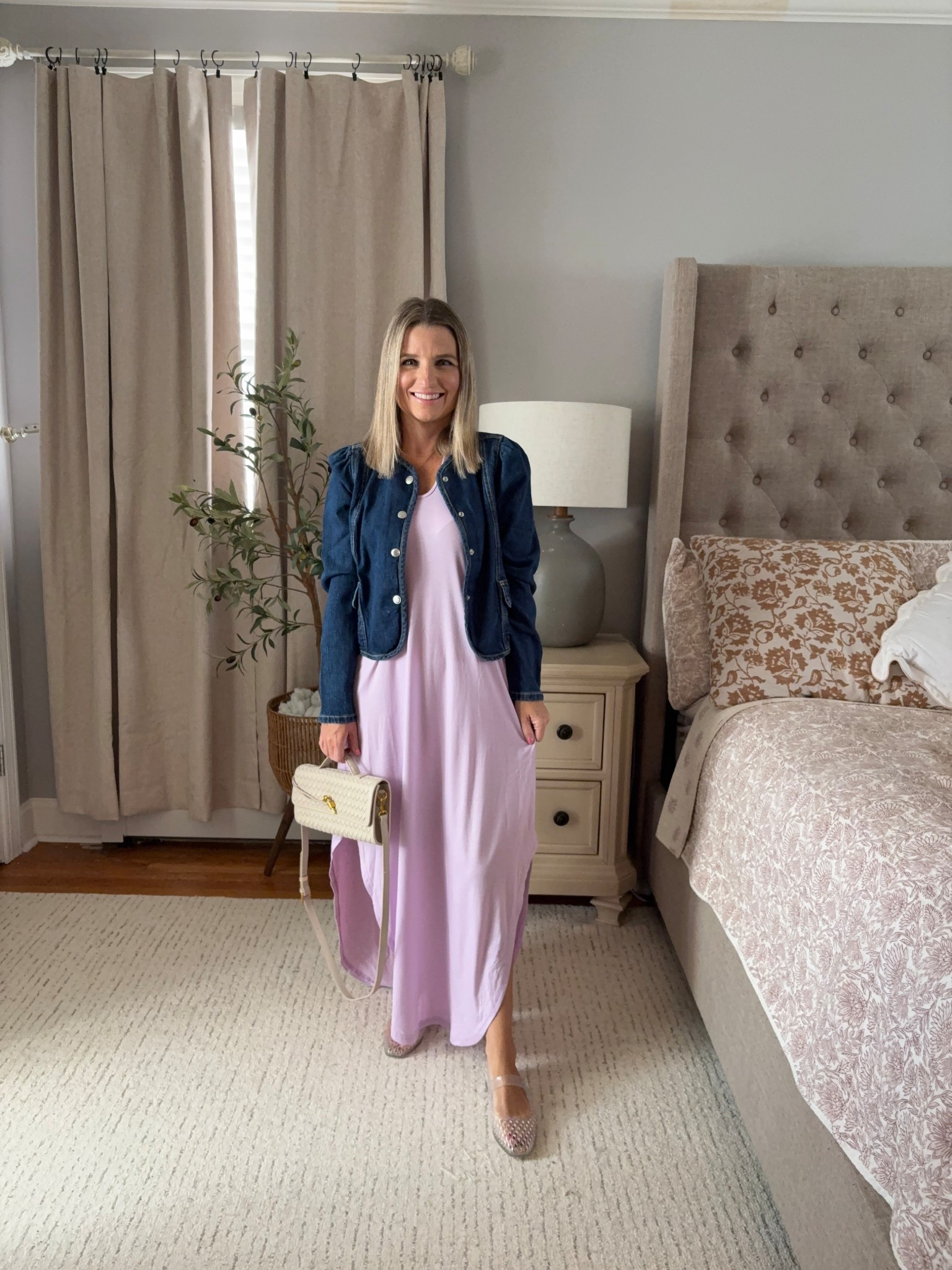 Purple dress with denim fall jacket 