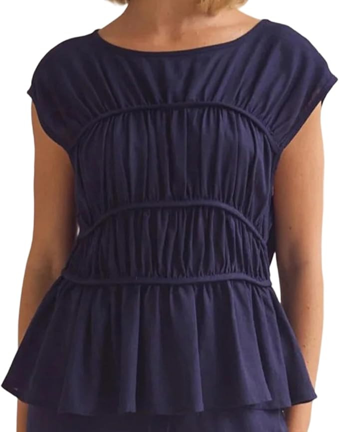 Women's Smocked Ruched Tank Top Summer Cap Sleeve Round Neck Solid Color T-Shirt Casual Tops for ... | Amazon (US)