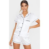 White Satin Contrast Piping Short Pj Set | PrettyLittleThing US