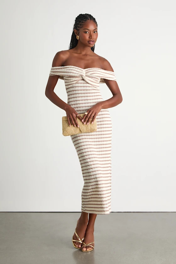 Baia Ivory and Taupe Striped Off-the-Shoulder Midi Dress | Lulus