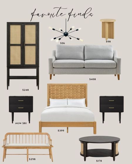 Walmart favorite finds: 
Gray sofa. Black coffee table. Natural wood bed. Natural wood nightstands. Black armorie. Natural wood side table. Natural wood dining table. Natural wood bench.

#LTKsalealert #LTKhome