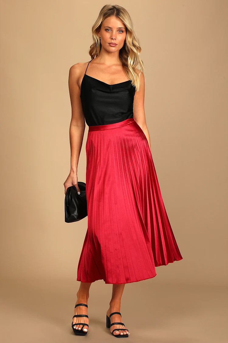 Fashionable Babe Bright Red Satin Pleated Midi Skirt | Lulus