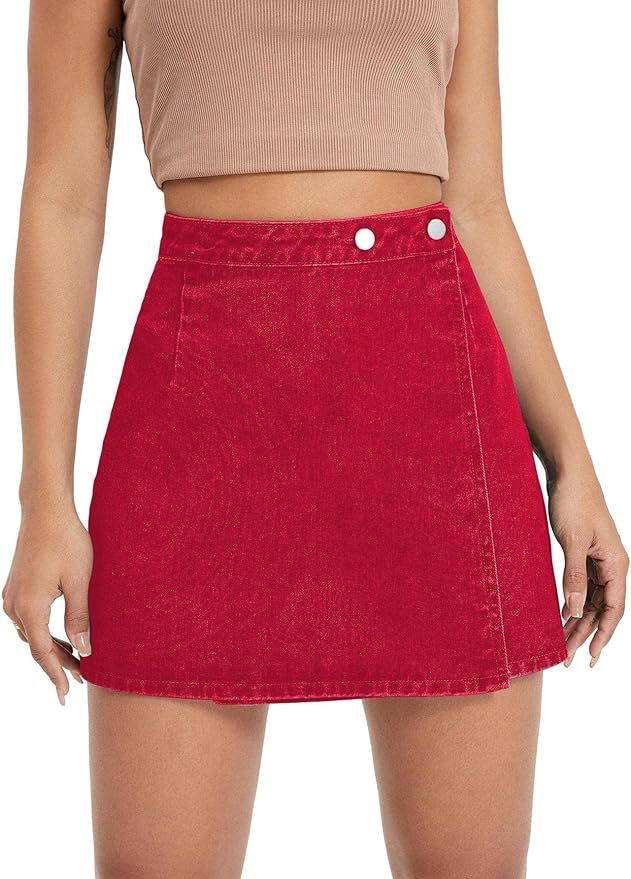 WDIRARA Women's High Waisted A-Line Button Wrap Denim Jean Skirt Mini Skirt | Amazon (US)