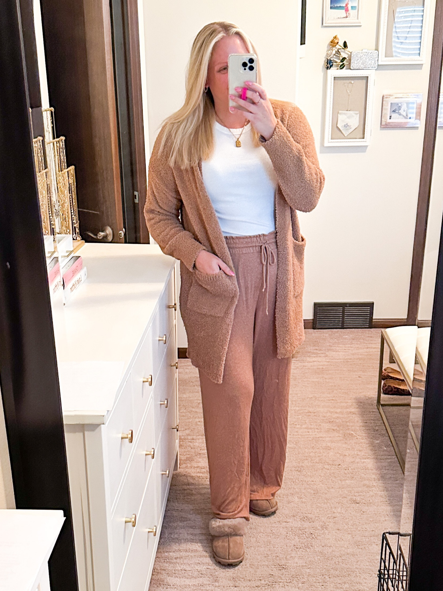 Cozy must! 
Pants- on sale! Tts 
Top- tts xl 
Cardigan- medium/ large a bit oversized 

#LTKhome #LTKunder50 #LTKcurves