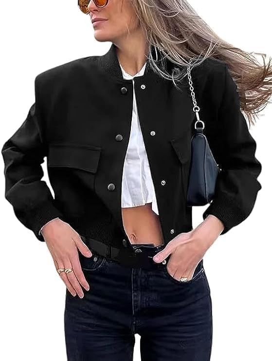 Mincib Women's Cropped Bomber Jacket Casual Long Sleeve Button Down Baseball Vasity Jacket with P... | Amazon (US)