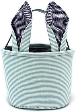 Easter Baskets Seersucker Easter Bunny Bag Bucket for Easter Egg Hunt Bunny Ears Design (Blue) | Amazon (US)